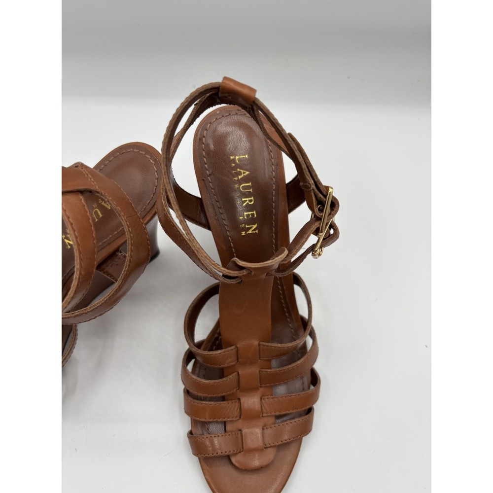 Lauren Ralph Lauren Brown Leather Gladiator Wedge Sandal Strappy 7M - Picture 2 of 9